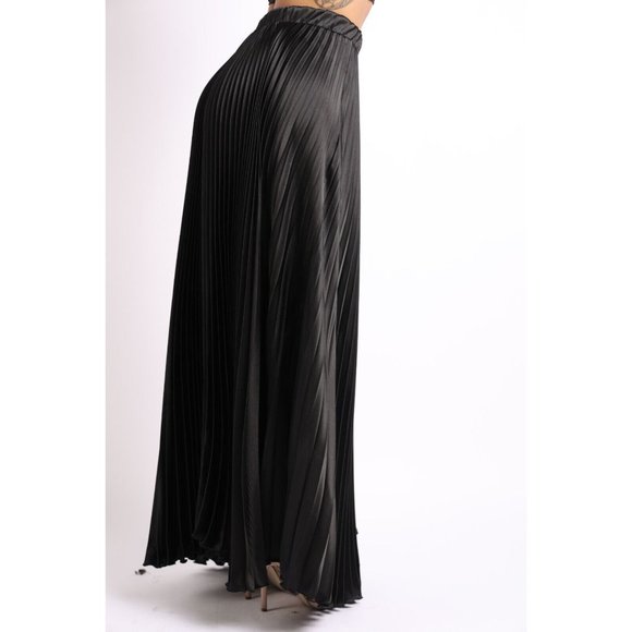 Women's Elastic High Waist A-Line Pleated Satin Maxi Skirt Formal Prom Party - Picture 3 of 10